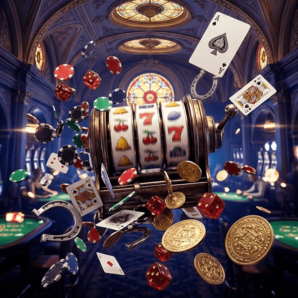 Atmósfera de casino de lujo estilo Film Noir con máquinas tragamonedas y luces neón